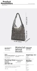 Detail showing dimensions of black beaded handbag with hollow diamond weave and wood beads