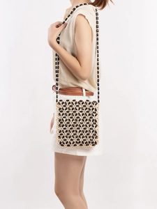 Borsa a Spalla in Perline di Legno Fatta a Mano per Donna Borsa a Tracolla Intrecciata con Fiori Geometrici in Legno di Acero Casual per Viaggio e Vacanza
