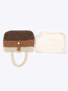Handmade woven bead tote bag with three-color design and large center bead closure