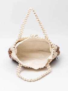 Handmade woven beaded tote bag with brown and beige wooden beads and cotton lining