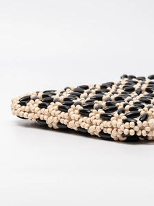 Handmade beaded shoulder bag with geometric wood beads and cotton lining for women