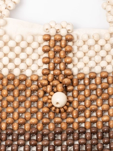 Handmade woven wooden bead tote bag in gradient brown colors with inner canvas lining