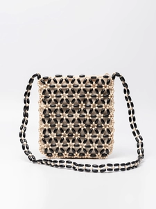 Bohemian Hand Woven Wooden Beaded Shoulder Bag For Women Hollow Out Geometric Color Block Crossbody Bag Beach Casual Purse
