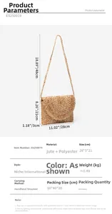 Vue détaillée montrant les dimensions et le jute de la pochette tressée artisanale