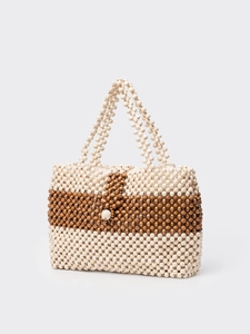 Handmade woven wood bead tote bag with cream and brown stripes and dual handles