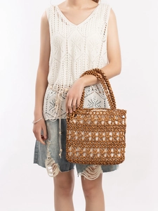 Handmade Wood Bead Woven Handbag With Drawstring Fabric Lining Bohemian Vacation Beach Tote Bag Hollow Floral Pattern Fashion Women Bag