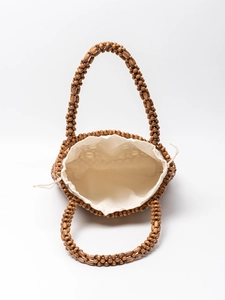 Handmade wooden bead woven handbag with brown geometric texture and drawstring cotton liner