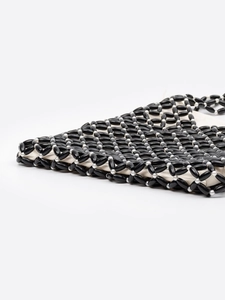 Handcrafted monochrome beaded tote bag with geometric wood beads and canvas lining