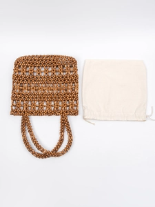 Handmade wooden bead woven tote bag in dark brown with internal drawstring canvas pouch