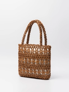 Retro hand-woven wooden bead handbag with cream drawstring liner for beach holidays