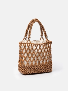 Handgefertigte hohl gewebte Holzperlen-Handtasche mit cremefarbener Canvas-Innentasche