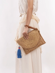 Women's Handmade Jute Woven Shoulder Bag Bohemian Tassel Envelope Clutch Beach Vacation Metallic Foil Straw Bag Travel Purse