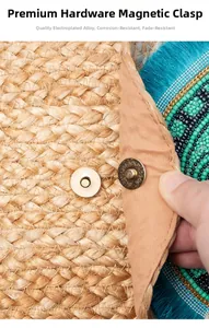 Detail der Jute-Clutch mit goldenem Magnetverschluss und bunten Fransen aus Perlen