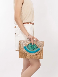 Bohemian Jute Woven Shoulder Bag Handmade Beaded Evil Eye Pattern Crossbody Envelope Clutch With Tassel For Women Summer Vacation