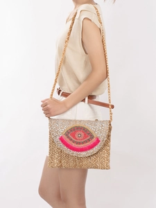 Borsa a Spalla in Iuta Intrecciata a Mano Bohemienne Con Ricamo Malocchio e Nappine Pochette a Busta per Donna Vacanza al Mare Borsa Etnica