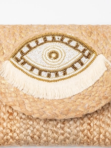 Pochette bohémien in iuta fatta a mano con ricamo evil eye e dettagli con frange