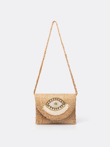 Borsa a tracolla boho in iuta fatta a mano con motivo a occhio e dettagli a frange