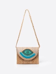 Handwoven jute evil eye crossbody bag with beaded embroidery and blue silk tassels