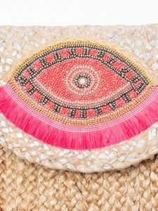Pochette bohémien in iuta con perline evil eye e nappe rosa vivaci per vacanze