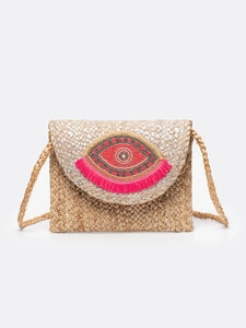 Borsa a tracolla in juta bohémien con ricamo occhio di Allah e nappina rosa