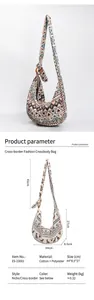 Detailed size chart for bohemian crescent canvas crossbody bags with patterned fabrics
