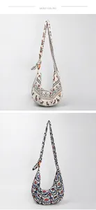 Detail of bohemian hobo bags with ethnic patterns and wooden ring strap adjustment