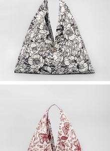 Detail of bohemian floral print hobo tote bags with vintage metal snap buttons