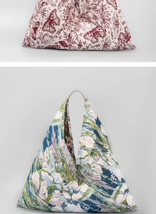 Close-up of bohemian triangle handbags with floral prints and gold button closures