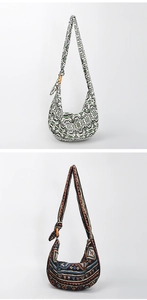 Detailed view of bohemian canvas hobo bags featuring geometric patterns and wooden ring links