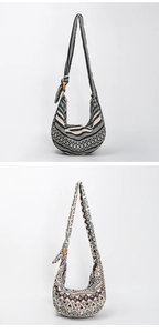 Detail of bohemian hobo bags with geometric woven texture and wooden ring knots