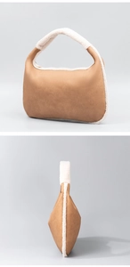 Detail of vintage brown faux leather hobo bag with white plush wool trim and side view