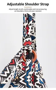 Detail of adjustable geometric canvas shoulder strap with a decorative wooden ring