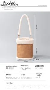 Detailed dimension chart for vintage faux leather bucket bag with white plush fleece trim