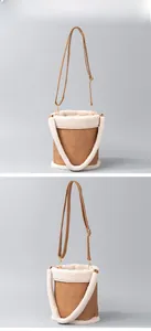 Detailed views of brown PU leather bucket bag with white fleece trim and gold hardware