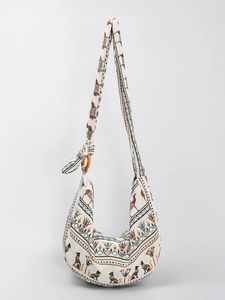 Bohemian Ethnic Poly-cotton Shoulder Bag For Women Vintage Hobo Bag Printed Canvas Crossbody Bag Daily Travel Purse With Wood Ring