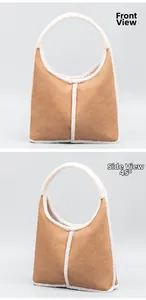 Close-up of a faux suede dumpling bag with plush shearling trim showing front and side views