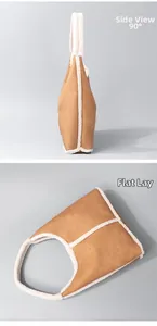 Faux suede dumpling bag with shearling trim showing 90-degree side view and flat lay