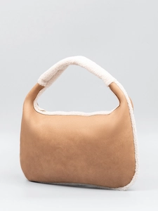 Vintage camel leather underarm bag with white faux fur trim for autumn and winter