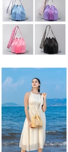 Detail of woven bucket bags in five colors with tassels and ethnic style shoulder straps