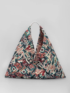 Bohemian triangle handbag with graffiti print jacquard and grey rounded handles