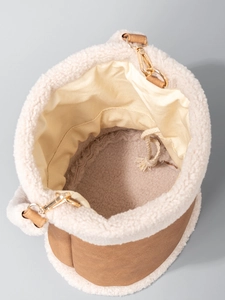 Brown PU leather bucket bag with fleece trim and drawstring closure for women