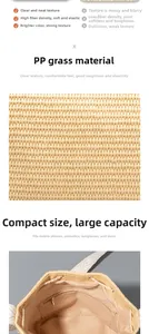 Detail of woven PP straw fabric texture and interior zipper pocket of the bucket bag