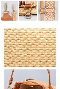Détails du sac seau en paille tressée avec bandoulière en similicuir brun et boucles dorées