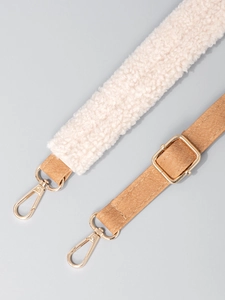 Plush white fleece and brown leather strap with gold metal buckle for bucket bags