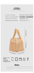 Detail of wooden bead bucket bag showing 14.5cm dimensions and daily essentials storage