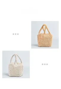 Detailed view of hand-woven wooden bead bucket bags in natural and white colors