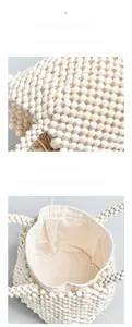 Detailed view of handmade white wooden bead bag with a beige canvas drawstring liner
