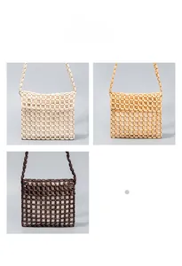 Detailed comparison of handmade wooden bead crossbody bags in beige, natural, and dark coffee