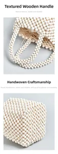 Detail of a textured wooden handle and hand-woven cream beads with drawstring lining