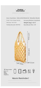 Detailed specs of handmade hollow wooden bead handbag with dimensions and drawstring lining